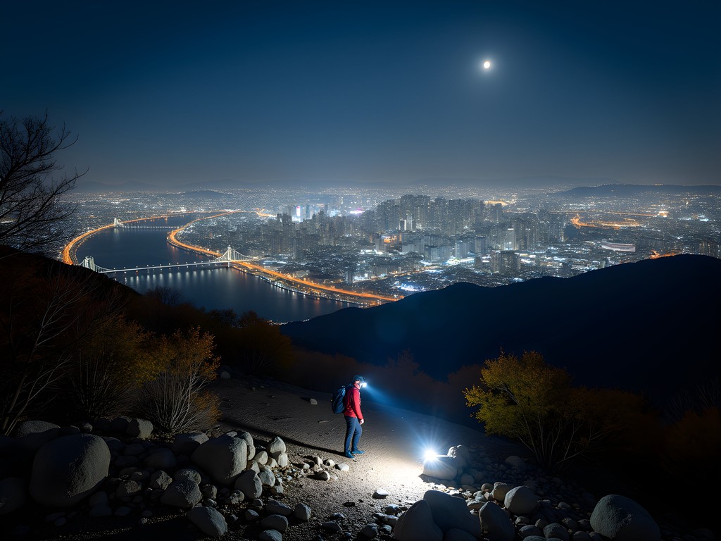 Night view of Seoul from Bukhansan summit with headlamp trails