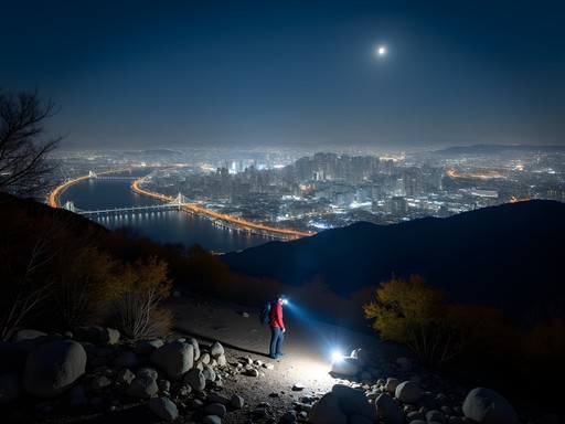 Night view of Seoul from Bukhansan summit with headlamp trails