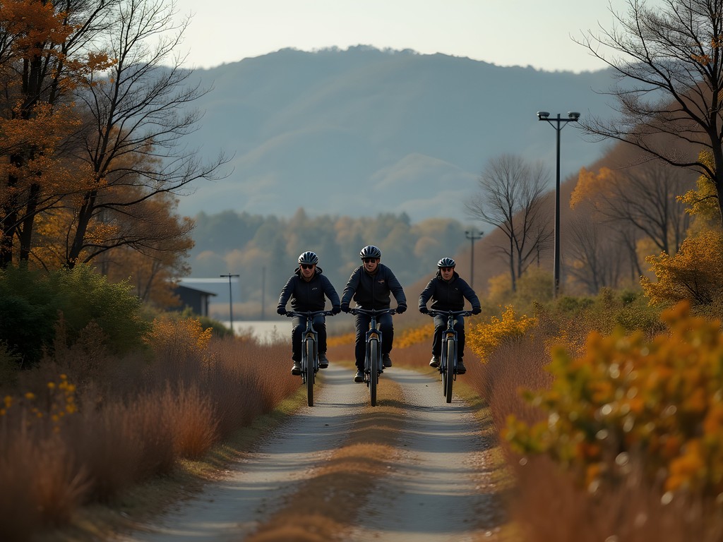 Mountain biking along secured trails near Korean DMZ with observation posts visible