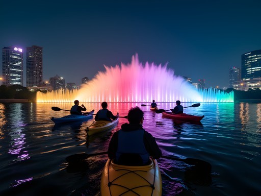 Night kayaking on Han River with illuminated Banpo Rainbow Fountain Bridge
