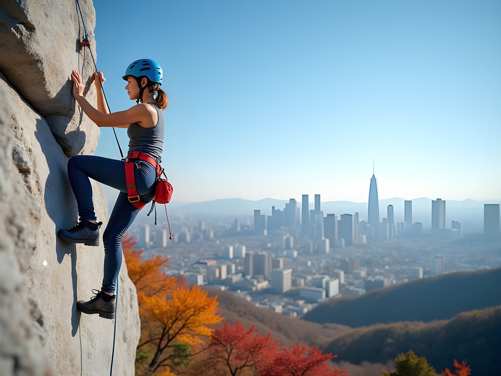 Rock climber scaling Insubong granite face with Seoul skyline visible in background