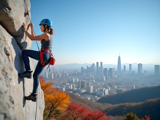 Rock climber scaling Insubong granite face with Seoul skyline visible in background