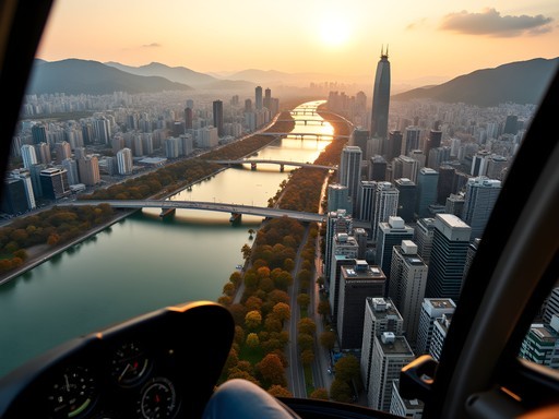 Aerial view of Seoul from helicopter showing Han River, Lotte Tower and mountain backdrop