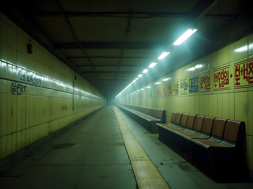 Abandoned subway station beneath Seoul with vintage signage and atmospheric lighting