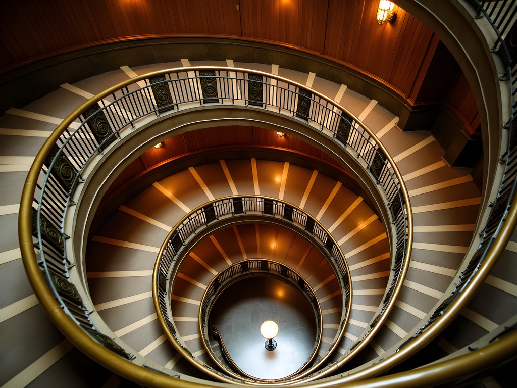 Elegant Art Deco spiral staircase in historic Shanghai building with original details