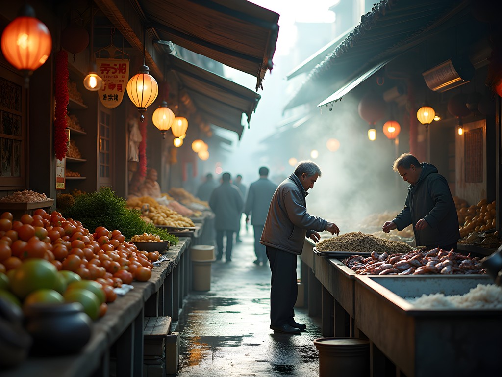 Vibrant early morning wet market in Shanghai with local vendors and fresh produce