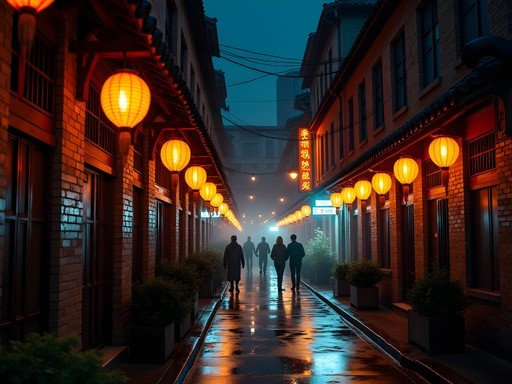 Atmospheric night photography of illuminated Shanghai alleyway with traditional and modern elements