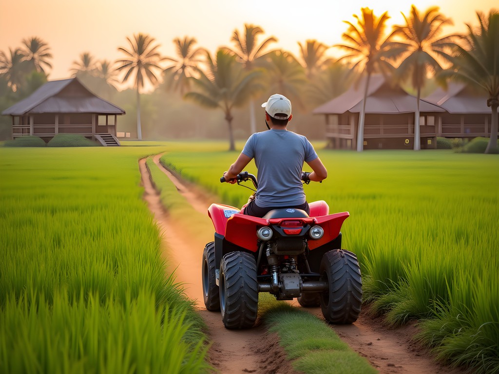 ATV quad bike tour through vibrant green rice fields in rural Siem Reap