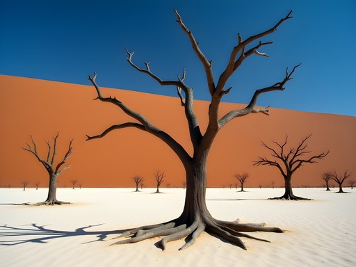 Ancient petrified trees against white clay pan and red dunes in Deadvlei, Namibia