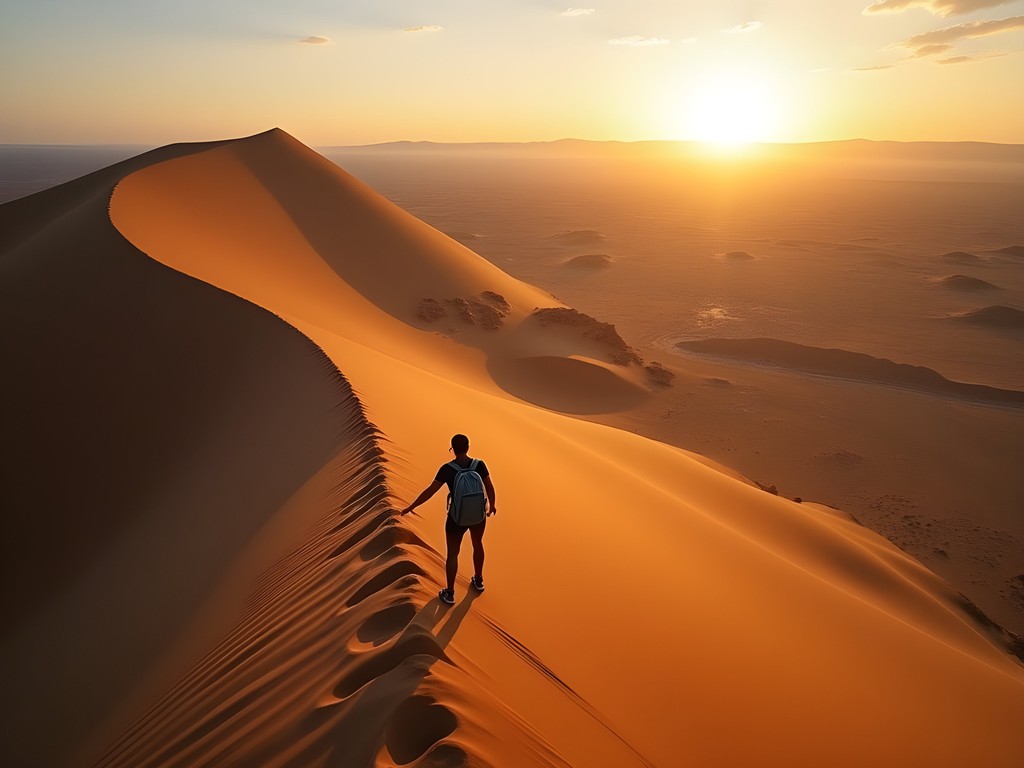 Woman climbing Dune 45 at sunrise in Sossusvlei with dramatic shadows