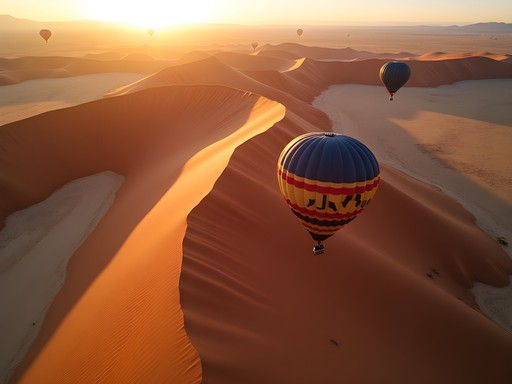 Hot air balloons floating over red sand dunes at sunrise in Sossusvlei, Namibia
