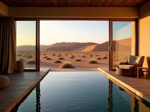 Luxury desert lodge suite with private pool overlooking Namibian desert landscape
