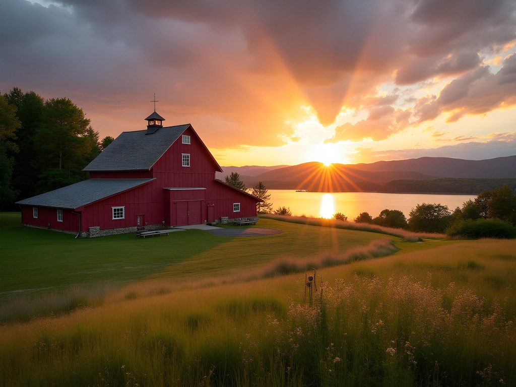 Sunset view of Lake Champlain from Shelburne Farms with historic barn in foreground