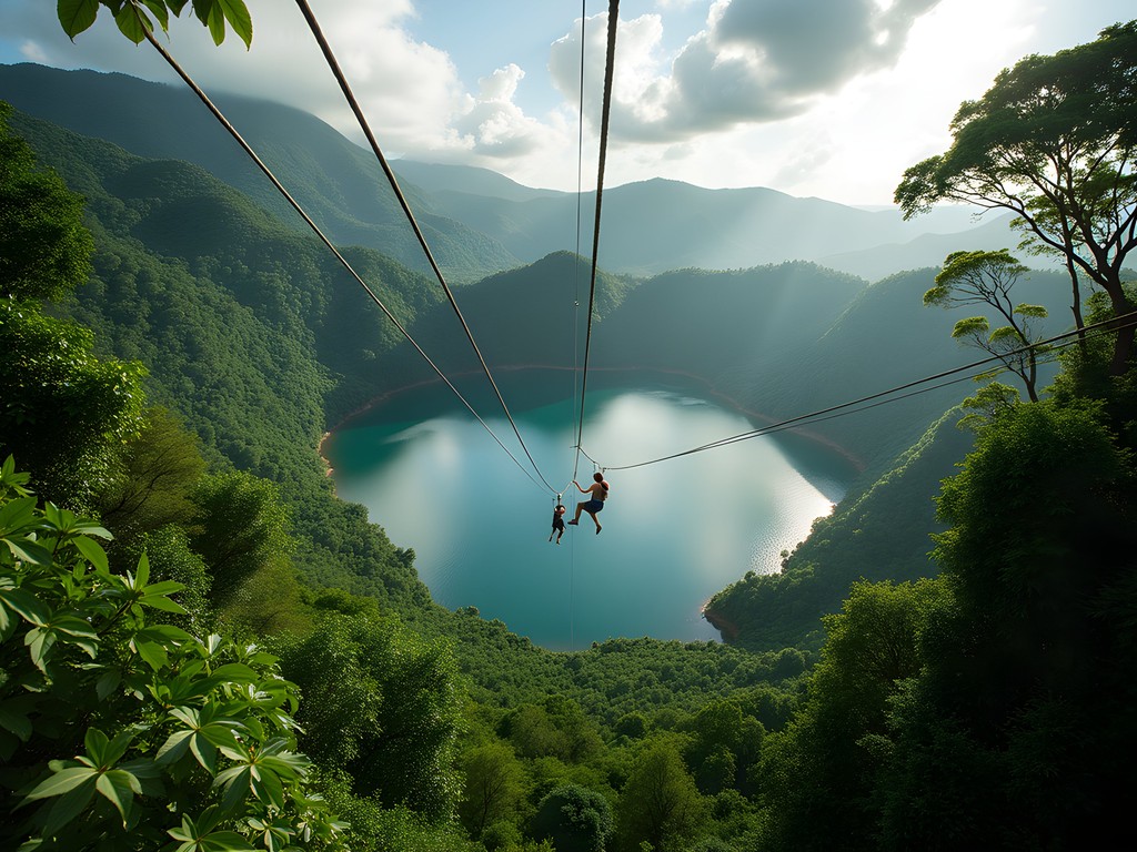 Aerial view of person ziplining over Grand Etang National Park's lush rainforest canopy in Grenada