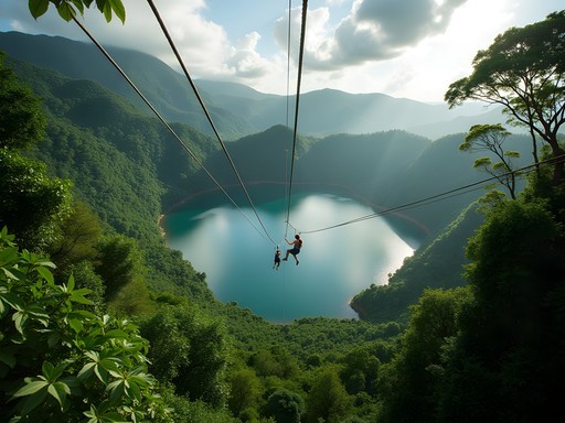 Aerial view of person ziplining over Grand Etang National Park's lush rainforest canopy in Grenada