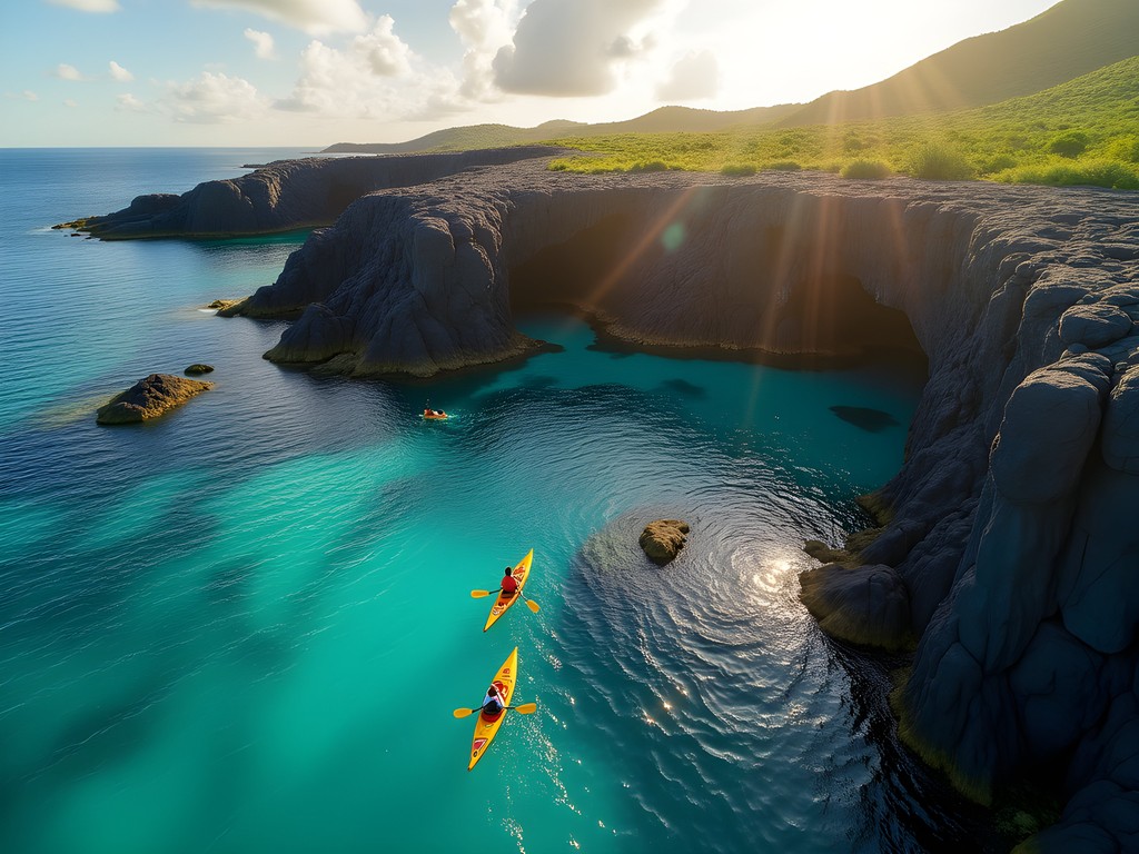 Sea kayakers exploring dramatic volcanic sea caves and arches along Grenada's rugged coastline