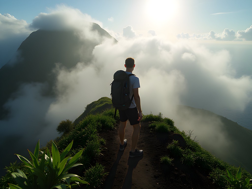 Hiker reaching the foggy summit of Mount St. Catherine with panoramic views of Grenada's coastlines