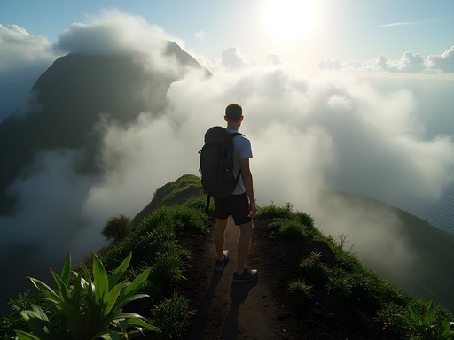 Hiker reaching the foggy summit of Mount St. Catherine with panoramic views of Grenada's coastlines