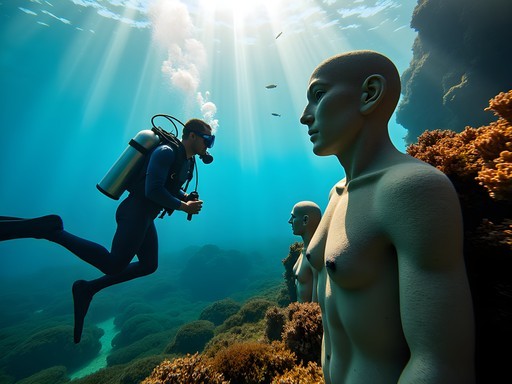 Diver exploring Grenada's underwater sculpture park with coral-covered concrete figures in clear blue water