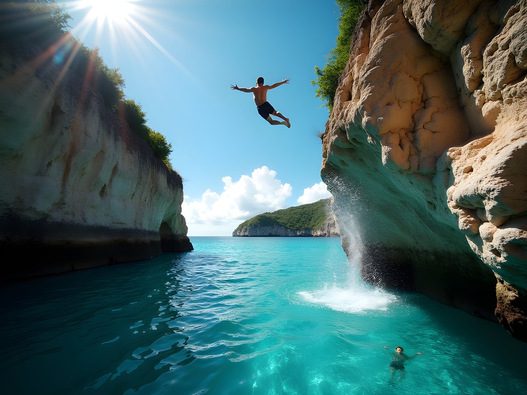 Person mid-jump from limestone cliff into clear turquoise waters in Antigua