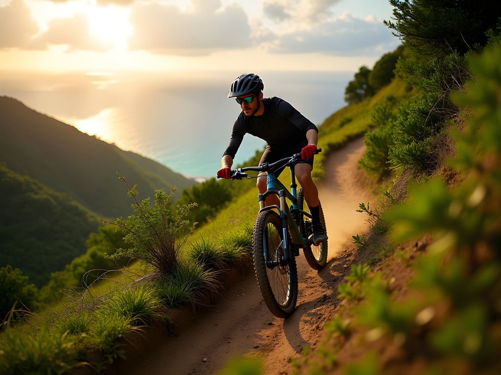Mountain biker on rugged trail with ocean view in Antigua highlands