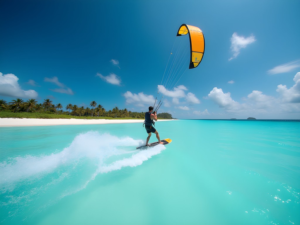 Kitesurfer gliding across turquoise waters with colorful kite at Jabberwock Beach, Antigua
