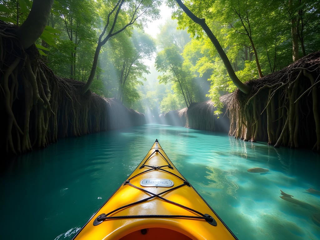 Clear-bottom kayak exploring Antigua's mangrove tunnels with fish visible below