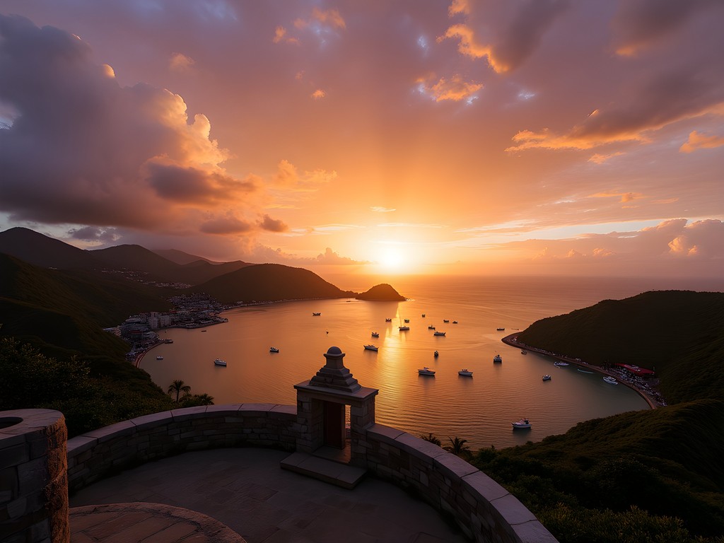 Panoramic sunset view from Shirley Heights overlooking English Harbour in Antigua with steel drum band silhouettes