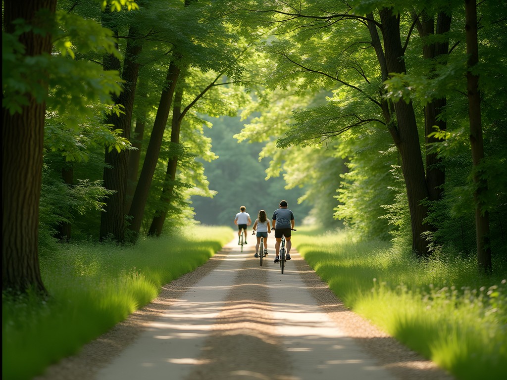 Family biking through tree-covered section of Katy Trail near St. Peters