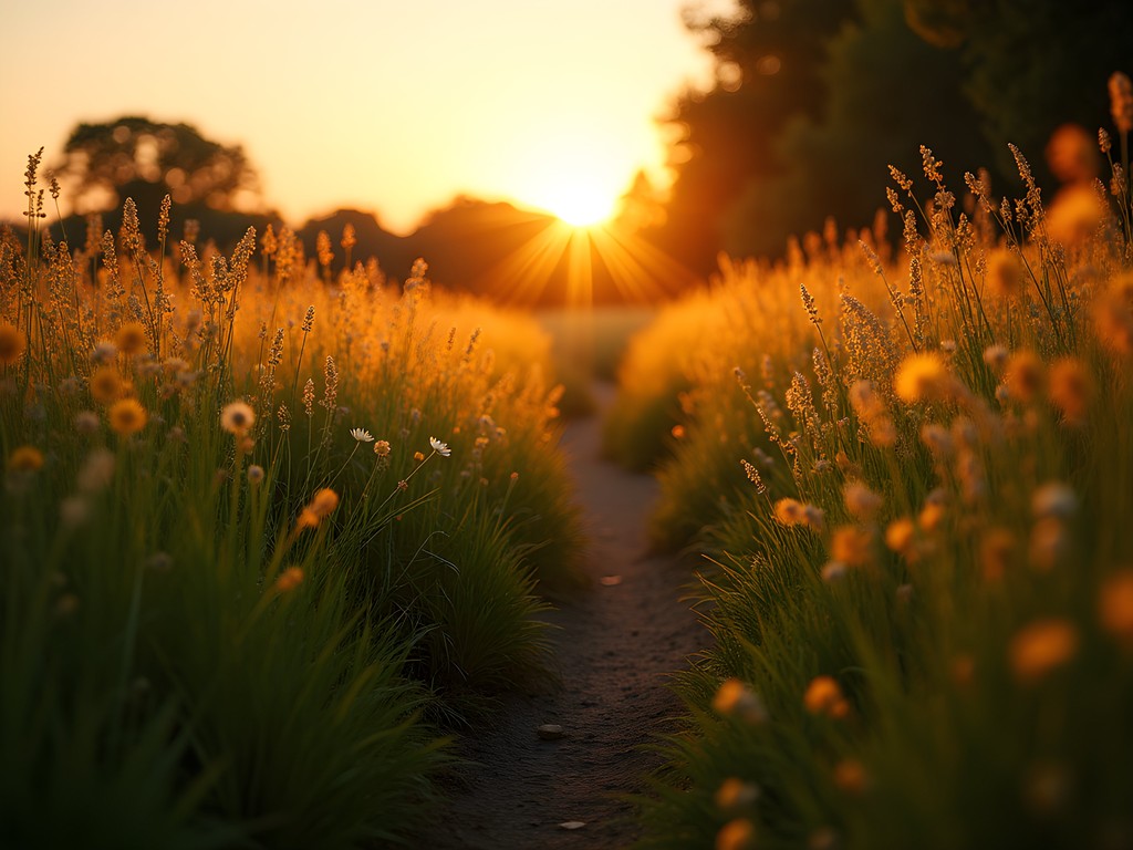 Golden hour sunset over prairie grasses on Lone Wolf Trail in St. Peters