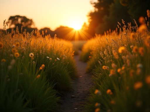 Golden hour sunset over prairie grasses on Lone Wolf Trail in St. Peters