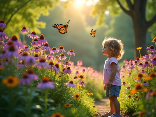 Child observing monarch butterflies in native garden at Rabbit Run Park in St. Peters