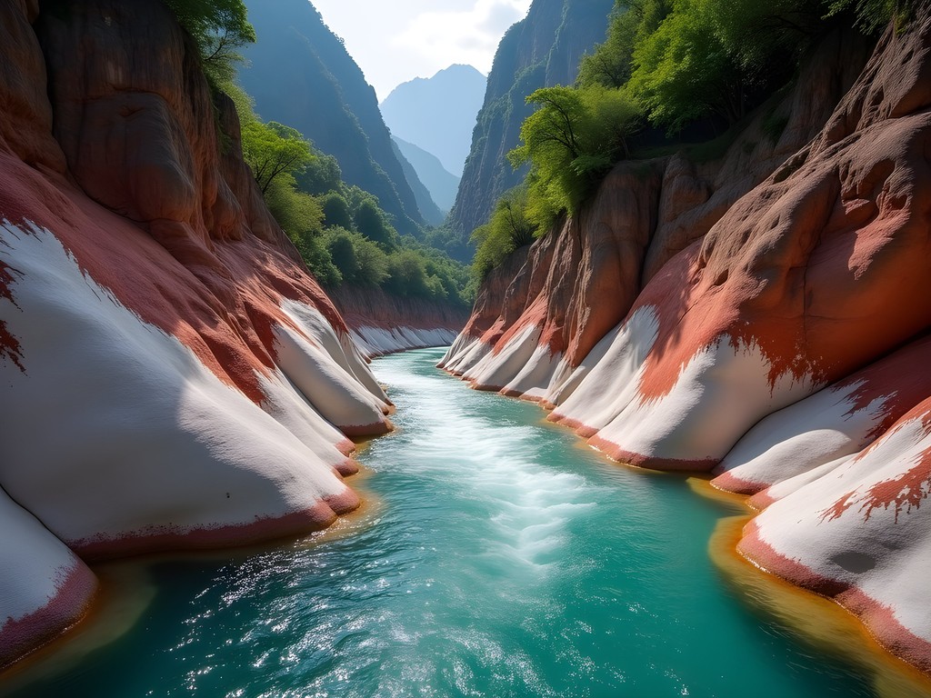 Turquoise waters of Shakadang Trail with red marble canyon walls in Taroko Gorge