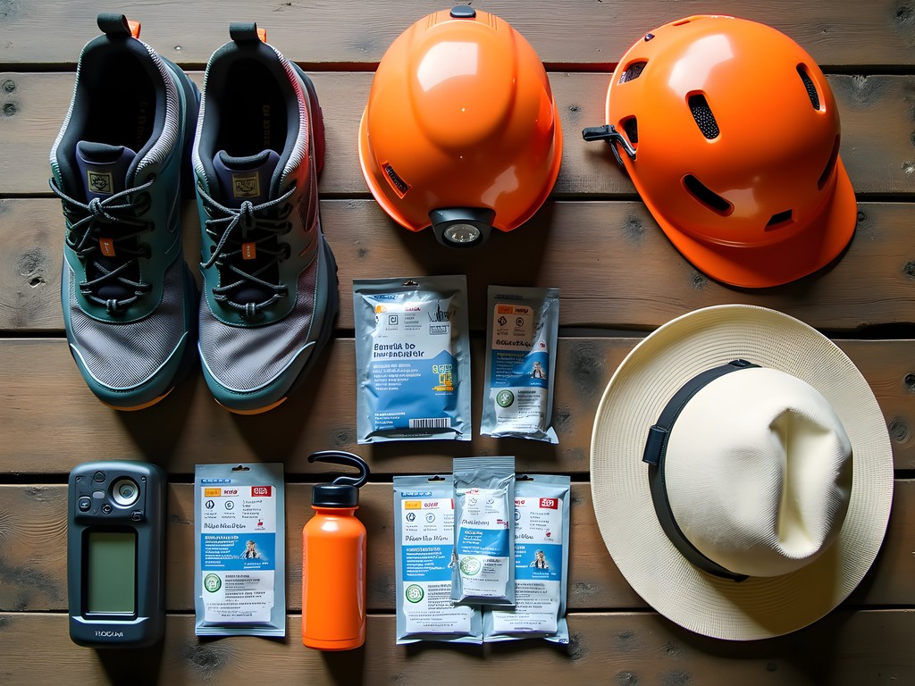 Essential safety gear for Taroko Gorge hiking laid out including helmet, approach shoes, and satellite messenger