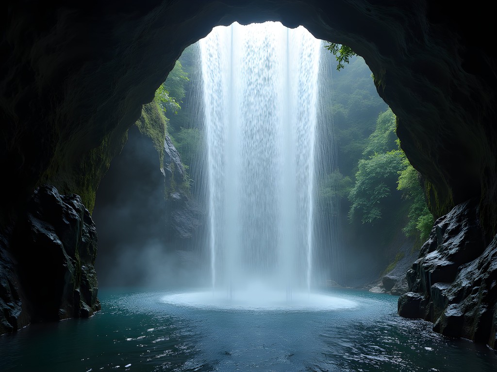 Water pouring through ceiling of Water Curtain Cave tunnel in Taroko Gorge