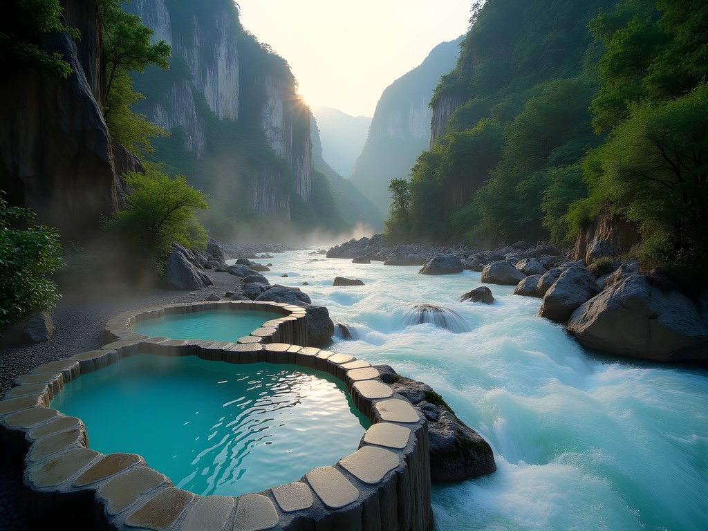 Natural hot springs pools beside rushing river with marble cliffs in Taroko Gorge