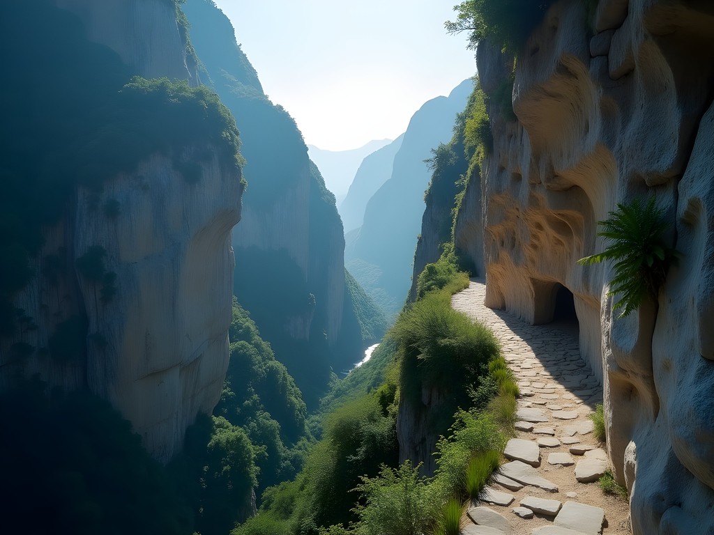 Dramatic narrow ridge path of Zhuilu Old Trail with 700-meter drop in Taroko Gorge