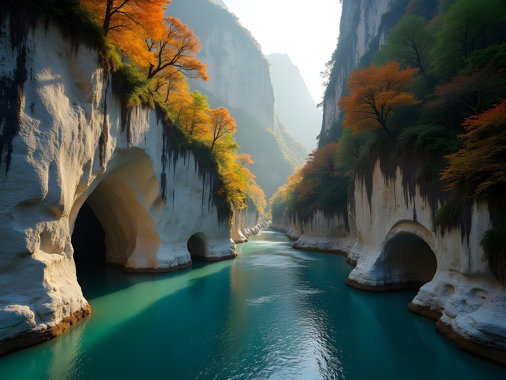 Morning light illuminating the marble walls of Swallow Grotto in Taroko Gorge