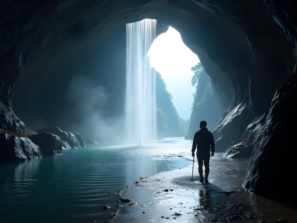 The ethereal Water Curtain Cave with natural rainfall inside the tunnel