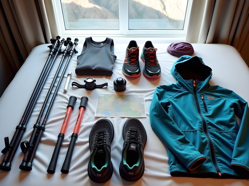Hiking gear laid out for Tochal trek with Alborz Mountains visible through window