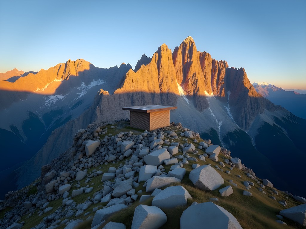Tochal summit shelter at sunrise with alpenglow on surrounding peaks