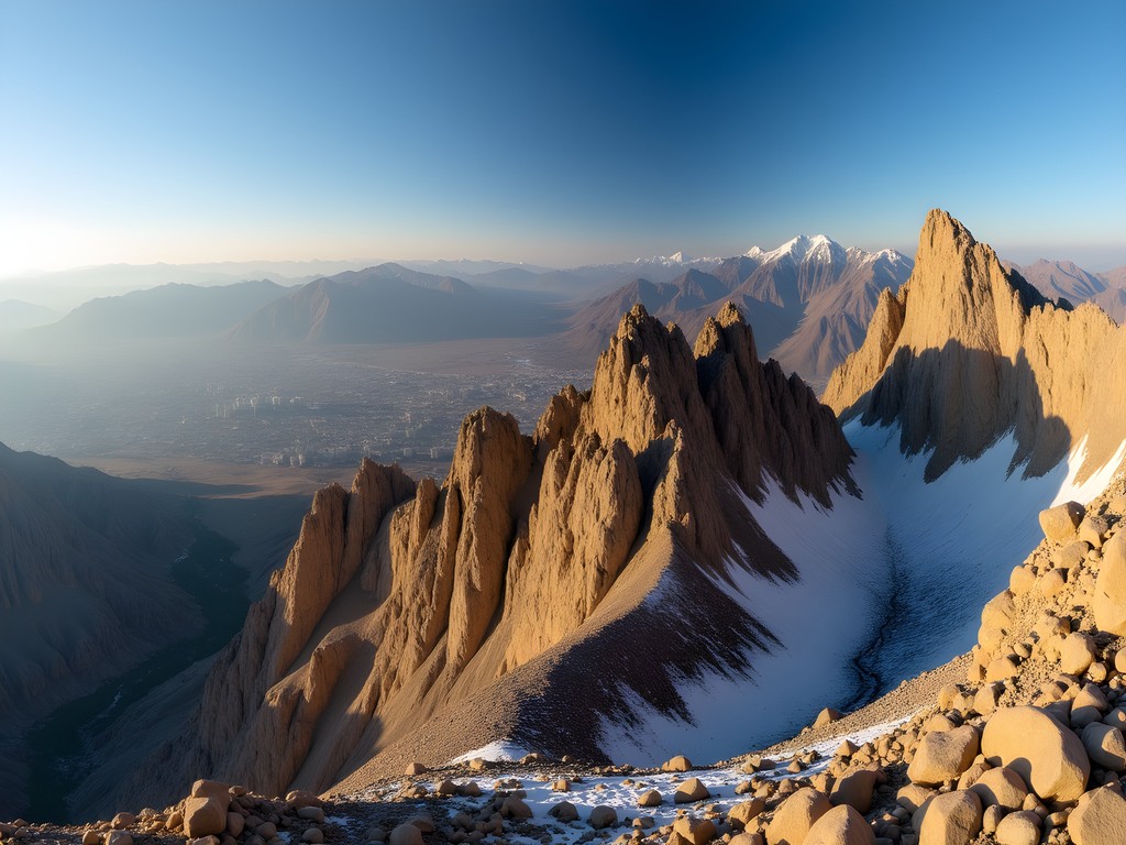 Panoramic view of the Alborz Mountain Range from Tochal trail with Tehran visible below