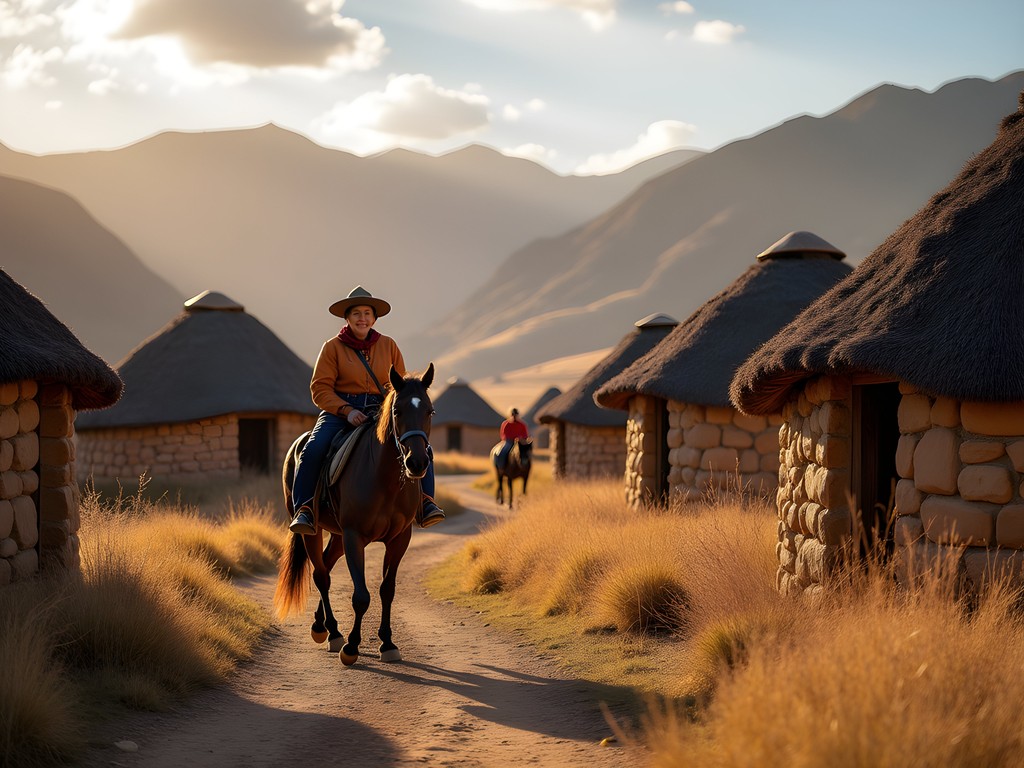 Traditional Basotho rondavel huts in remote mountain village