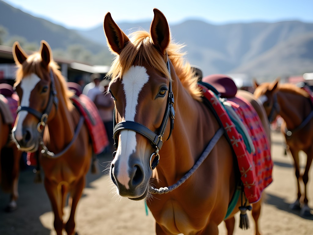 Basotho ponies with traditional colorful blankets in Teyateyaneng market
