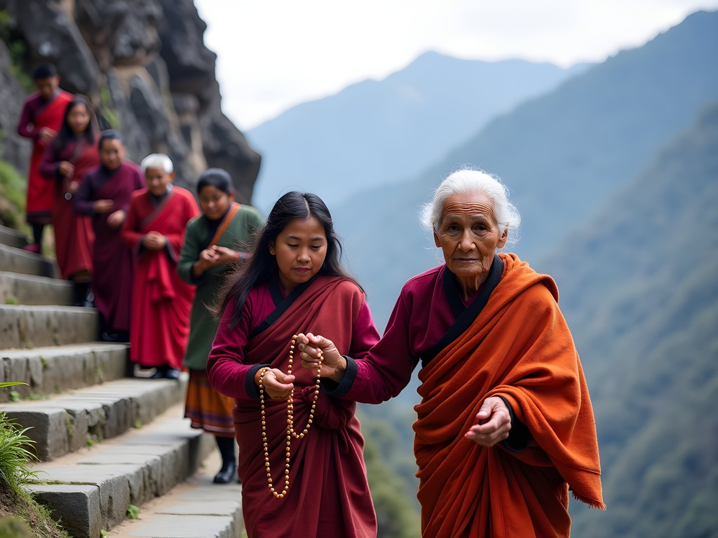 Local Bhutanese pilgrims ascending stone steps to Tiger's Nest Monastery