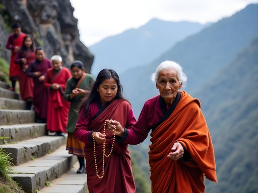 Local Bhutanese pilgrims ascending stone steps to Tiger's Nest Monastery