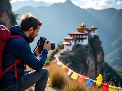 Filmmaker photographing Tiger's Nest Monastery from unique angle