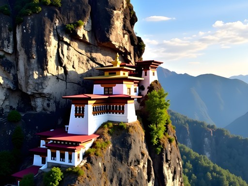 External view of Tiger's Nest Monastery clinging to cliff face in Bhutan