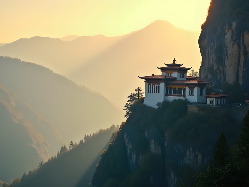 Tiger's Nest Monastery emerging from morning mist in Paro Valley, Bhutan