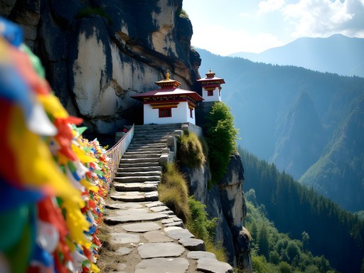 Stone steps leading to Tiger's Nest Monastery with prayer flags